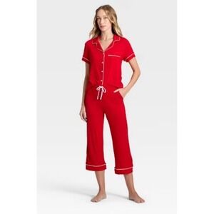 M Auden Red capri cloud knit modal soft short sleeve notch collar Pj Set